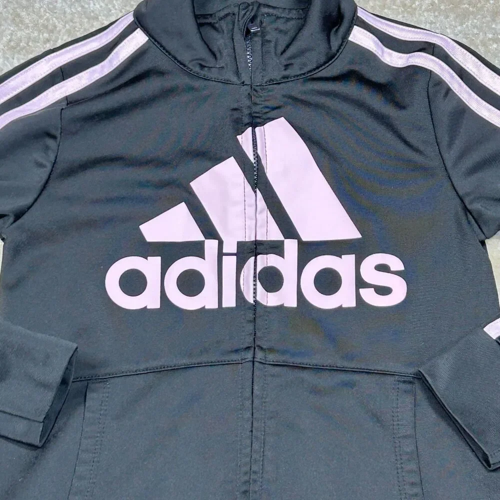 Adidas Track Jacket Girls 5 Black Pink Logo Full Zip Athletic Warm Up Striped